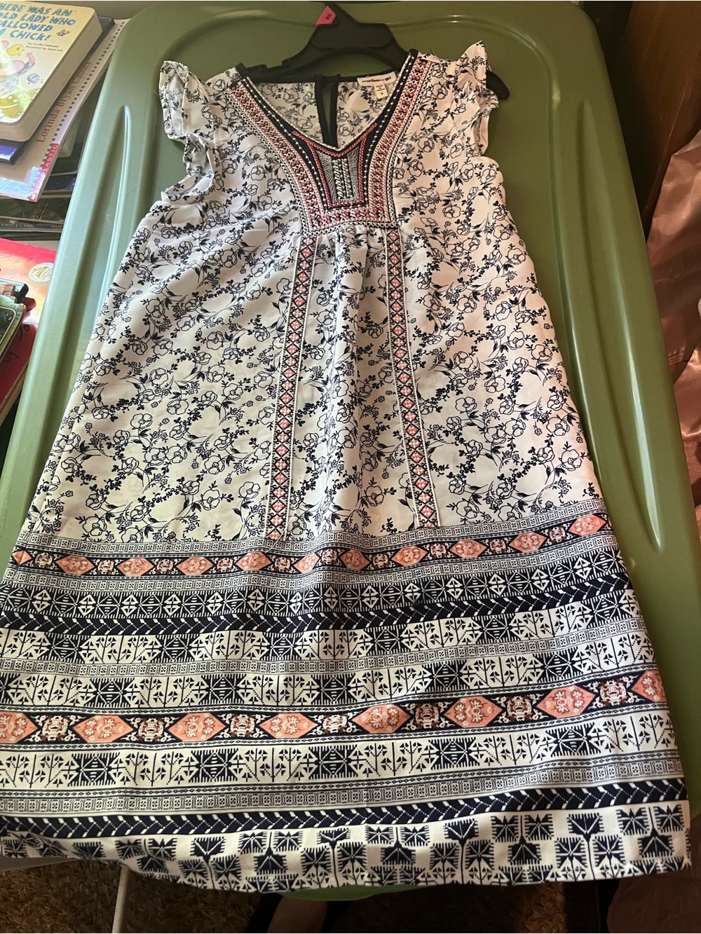 Monteau White Dress with Navy Floral Print and Coral Trim